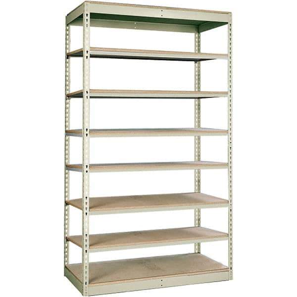 Hallowell - 8 Shelf Starter Particle Board Open Steel Shelving - 350 Lb Capacity, 48" Wide x 84" High x 36" Deep, Tan - Exact Industrial Supply