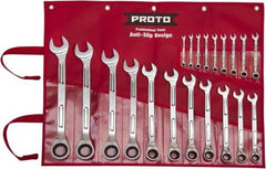 Proto - 20 Piece, 6mm to 32mm, Ratcheting Combination Wrench Set - Metric Measurement Standard, Full Polish Finish, Comes in Pouch - Exact Industrial Supply