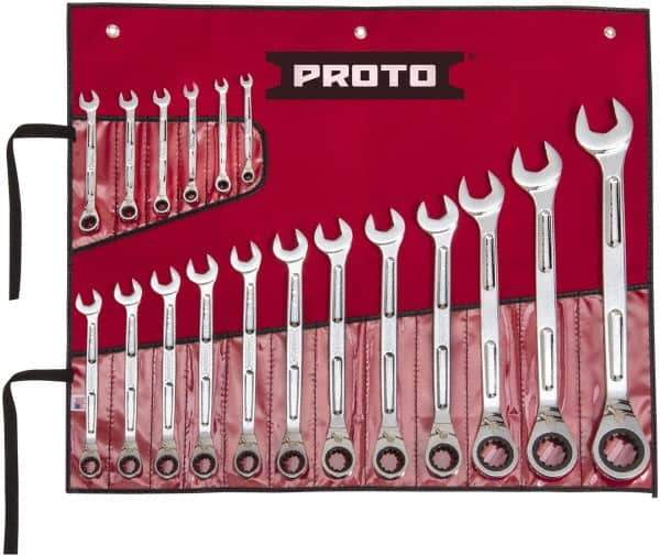 Proto - 18 Piece, 1/4" to 1-1/4", Ratcheting Combination Wrench Set - Inch Measurement Standard, Full Polish Finish, Comes in Pouch - Exact Industrial Supply