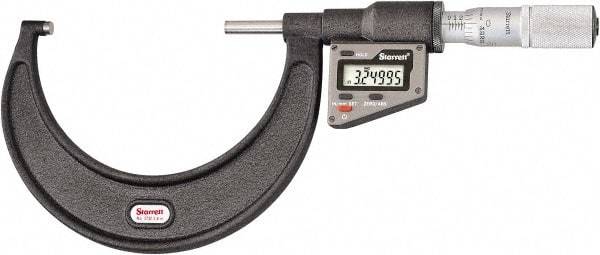 Starrett - 76 to 101 mm Range, 0.0001" Resolution, Standard Throat, Electronic Outside Micrometer - 0.0002" Accuracy, Friction Thimble, Micro Lapped Carbide Face, CR2450 Battery, Includes 3V Battery - Exact Industrial Supply