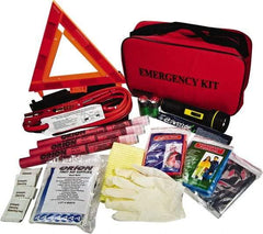 ORION Safety - 79 Piece, Emergency Roadside Safety Kit - Emergency Flares, Reflective Triangle, Flashlight, Batteries, Lightstick, Vest, Poncho, Shop Cloth, Jumper Cable, Multi-Tool, Thermal Blanket, Toweletes & First Aid Supplies - Exact Industrial Supply