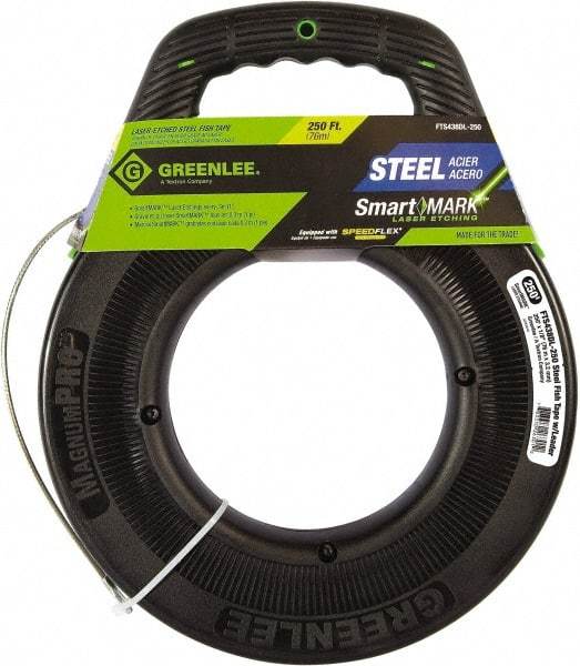 Greenlee - 250 Ft. Long x 1/8 Inch Wide, Steel Fish Tape - Includes Case - Exact Industrial Supply