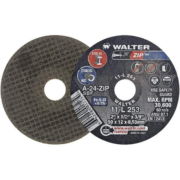 WALTER Surface Technologies - 2" 24 Grit Aluminum Oxide Cutoff Wheel - 1/2" Thick, 3/8" Arbor, 31,000 Max RPM, Use with Die Grinders - Exact Industrial Supply