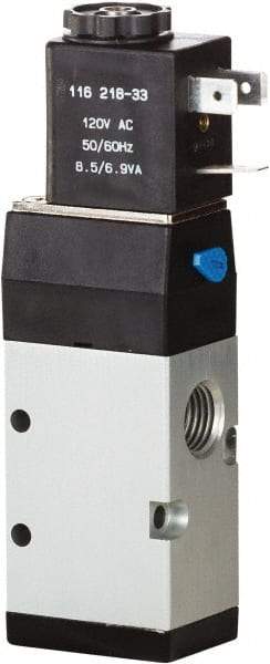 ARO/Ingersoll-Rand - 1/4" Inlet x 1/4" Outlet, Single Solenoid Actuator, Spring Return, 2 Position, Body Ported Solenoid Air Valve - 120 VAC Input, 0.7 CV, 3 Way, 115 psi, 122° Max Temp, 15° Min Temp - Exact Industrial Supply
