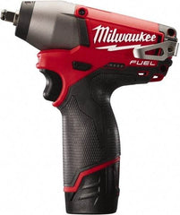 Milwaukee Tool - 3/8" Drive 12 Volt Pistol Grip Cordless Impact Wrench & Ratchet - 0 to 2,650 RPM, 0 to 3,500 BPM, 116.66 Ft/Lb Torque, 2 Lithium-Ion Batteries Included - Exact Industrial Supply