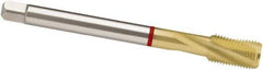 Guhring - 7/16-20 UNF, 3 Flute, TiN Finish, Powdered Metal Spiral Point Tap - Modified Bottoming Chamfer, Right Hand Thread, 3-15/16" OAL, 2B Class of Fit, Series 4125 - Exact Industrial Supply