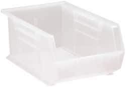 Quantum Storage - 60 Lb. Load Capacity, 13-5/8" Deep, Clear Polypropylene Hopper Stacking Bin - 6" High x 8-1/4" Wide x 13-5/8" Long - Exact Industrial Supply