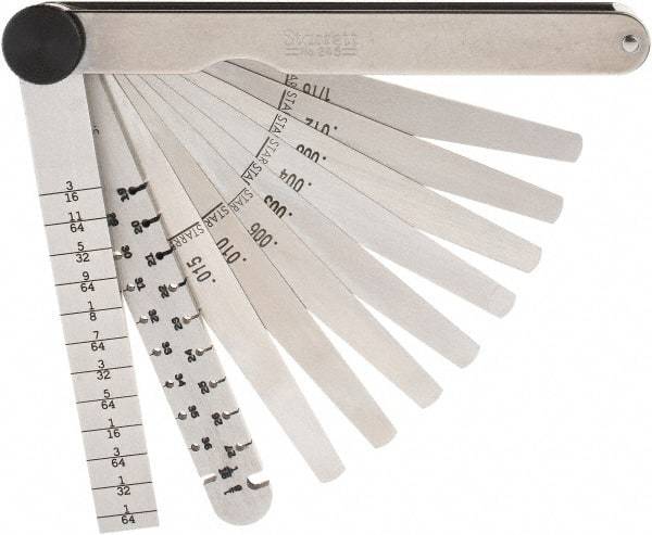 Starrett - 9 Piece, 0.1065 to 0.166" Thick, Tapered Feeler Gage Set - 4-3/4" Leaf Length, 1/4 to 1/2" (Tapered) Wide, Tempered Steel - Exact Industrial Supply