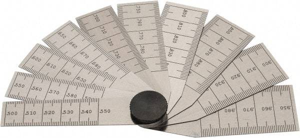 Starrett - 1/2 to 1 Inch Measurement, 10 Leaf Taper Gage - 2-3/4 Inch Long, Tempered Steel, 0.001 Inch Graduation - Exact Industrial Supply