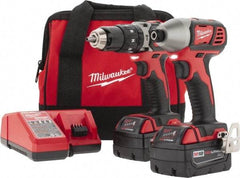 Milwaukee Tool - 18 Volt Cordless Tool Combination Kit - Includes 1/2" Hammer Drill & 1/4" Hex Compact Impact Driver, 2 Lithium-Ion Batteries Included - Exact Industrial Supply