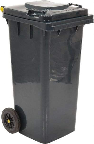 Vestil - 32 Gal Gray Square Trash Can - Polyethylene, None Graphic, 38" High x 21-13/16" Long x 18-3/4" Wide, Lid Included - Exact Industrial Supply