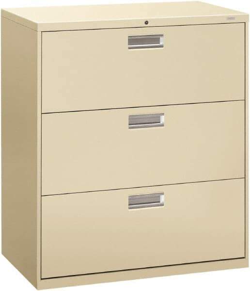 Hon - 36" Wide x 40.88" High x 19-1/4" Deep, 3 Drawer Lateral File - Steel, Putty - Exact Industrial Supply