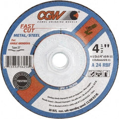 Camel Grinding Wheels - 24 Grit, 7" Wheel Diam, 1/4" Wheel Thickness, Type 27 Depressed Center Wheel - Coarse Grade, Aluminum Oxide, Resinoid Bond, 8,600 Max RPM - Exact Industrial Supply