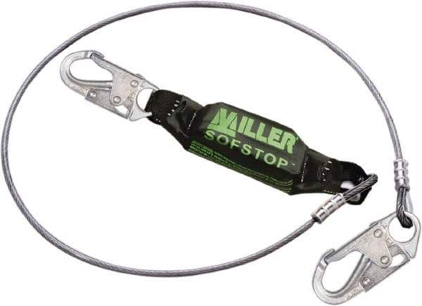 Miller - 6' Long, 310 Lb Capacity, 1 Leg Locking Snap Hook Harness Shock Absorbing Lanyard - 1-1/2" Diam, Vinyl Coated Wire Rope, Locking Snap Hook Anchorage Connection - Exact Industrial Supply