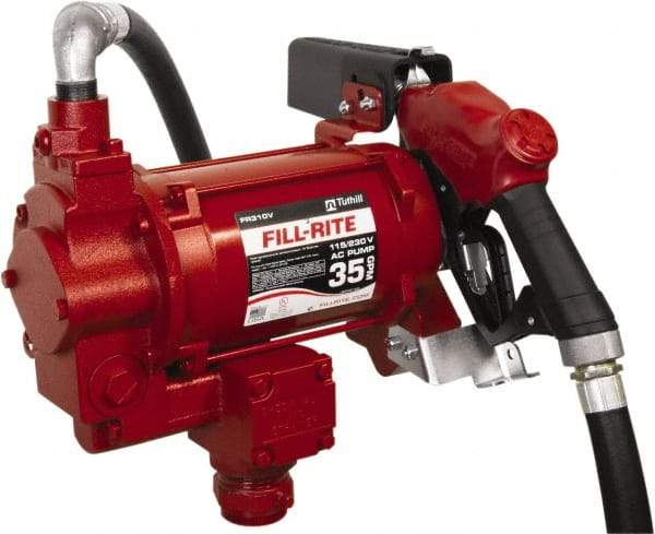 Tuthill - 35 GPM, 1" Hose Diam, Gasoline, Kerosene & Diesel Fuel AC High Flow Tank Pump with Auto Nozzle - Cast Iron Pump, 1-1/4" Inlet, 1" Outlet, 115/230 Volts, 18' Hose Length, 3/4 hp - Exact Industrial Supply