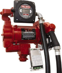 Tuthill - 27 GPM, 1" Hose Diam, Gasoline, Kerosene & Diesel Fuel AC High Flow Tank Pump with Automatic Nozzle & 900D Meter - Cast Iron Pump, 1-1/4" Inlet, 1" Outlet, 115/230 Volts, 18' Hose Length, 3/4 hp - Exact Industrial Supply