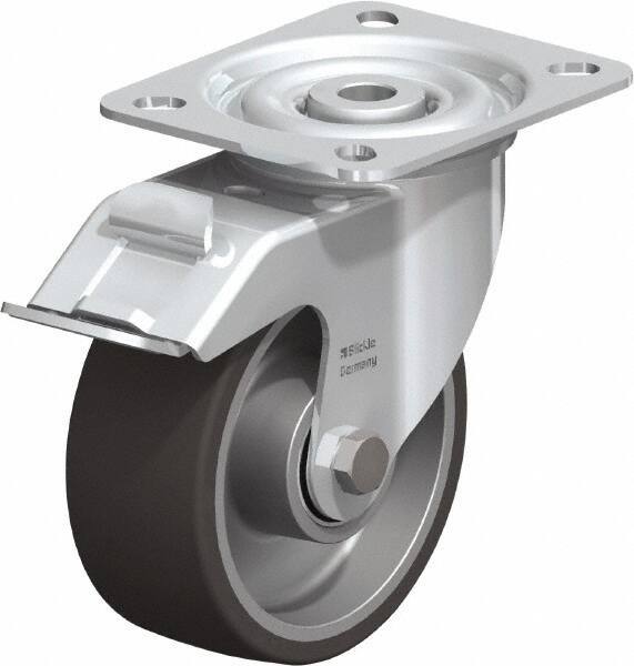 Blickle - 4" Diam x 1-9/16" Wide x 4-59/64" OAH Top Plate Mount Swivel Caster with Brake - Polyurethane-Elastomer, 220 Lb Capacity, Ball Bearing, 3-15/16 x 3-3/8" Plate - Exact Industrial Supply