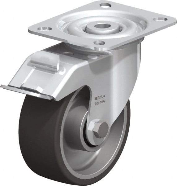 Blickle - 4" Diam x 1-9/16" Wide x 4-59/64" OAH Top Plate Mount Swivel Caster with Brake - Polyurethane-Elastomer, 220 Lb Capacity, Plain Bore Bearing, 3-15/16 x 3-3/8" Plate - Exact Industrial Supply