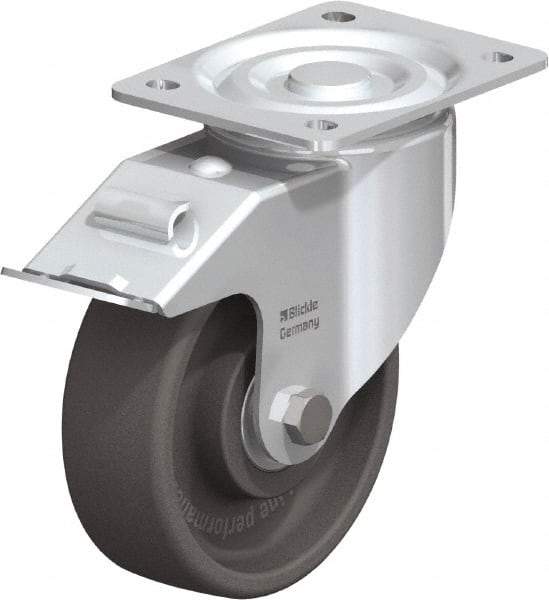 Blickle - 6" Diam x 2" Wide x 7-1/2" OAH Top Plate Mount Swivel Caster with Brake - Heat-Resistant Nylon, 770 Lb Capacity, Ball Bearing, 5-1/2 x 4-3/8" Plate - Exact Industrial Supply