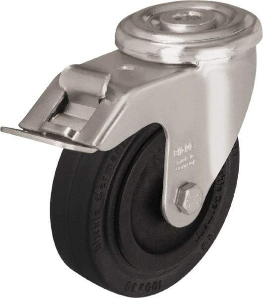 Blickle - 4" Diam x 1-3/16" Wide x 4-59/64" OAH Hollow Kingpin Mount Swivel Caster with Brake - Heat-Resistant Solid Rubber, 220 Lb Capacity, Plain Bore Bearing, Hollow Kingpin Stem - Exact Industrial Supply