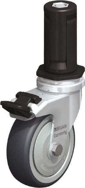 Blickle - 3" Diam x 63/64" Wide x 4" OAH Stem Mount Swivel Caster with Brake - Rubber Elastomer (TPE), 165 Lb Capacity, Ball Bearing, Round Stem - Exact Industrial Supply