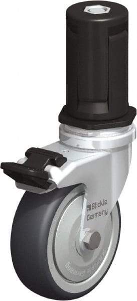 Blickle - 3" Diam x 63/64" Wide x 4" OAH Stem Mount Swivel Caster with Brake - Rubber Elastomer (TPE), 165 Lb Capacity, Ball Bearing, Round Stem - Exact Industrial Supply