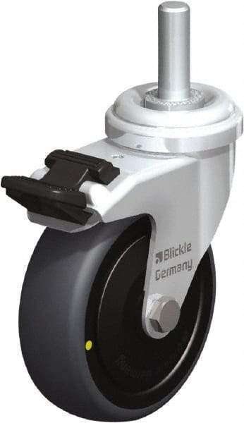 Blickle - 3" Diam x 63/64" Wide x 3-27/32" OAH Stem Mount Swivel Caster with Brake - Rubber Elastomer (TPE), 110 Lb Capacity, Ball Bearing, 3/8 x 1-13/16" Threaded Stem - Exact Industrial Supply