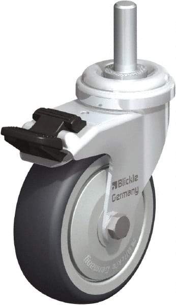 Blickle - 3" Diam x 63/64" Wide x 3-27/32" OAH Stem Mount Swivel Caster with Brake - Rubber Elastomer (TPE), 165 Lb Capacity, Ball Bearing, 3/8 x 1-13/16" Threaded Stem - Exact Industrial Supply