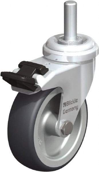 Blickle - 3" Diam x 63/64" Wide x 3-27/32" OAH Stem Mount Swivel Caster with Brake - Rubber Elastomer (TPE), 165 Lb Capacity, Plain Bore Bearing, 3/8" Threaded Stem - Exact Industrial Supply