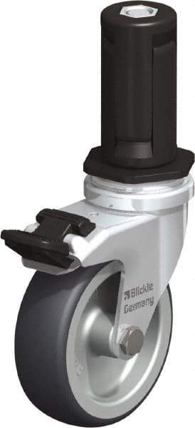 Blickle - 3" Diam x 63/64" Wide x 4" OAH Stem Mount Swivel Caster with Brake - Rubber Elastomer (TPE), 165 Lb Capacity, Plain Bore Bearing, Round Stem - Exact Industrial Supply