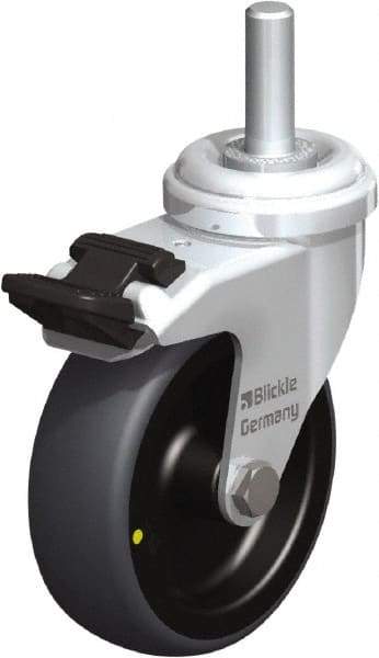 Blickle - 3" Diam x 63/64" Wide x 3-27/32" OAH Stem Mount Swivel Caster with Brake - Rubber Elastomer (TPE), 110 Lb Capacity, Plain Bore Bearing, 3/8 x 1-13/16" Threaded Stem - Exact Industrial Supply