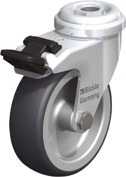 Blickle - 3" Diam x 63/64" Wide x 3-55/64" OAH Hollow Kingpin Mount Swivel Caster with Brake - Rubber Elastomer (TPE), 110 Lb Capacity, Plain Bore Bearing, Hollow Kingpin Stem - Exact Industrial Supply