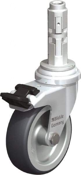 Blickle - 3" Diam x 63/64" Wide x 4" OAH Metal Expander Mount Swivel Caster with Brake - Rubber Elastomer (TPE), 165 Lb Capacity, Plain Bore Bearing, Metal Expander Stem - Exact Industrial Supply