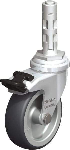 Blickle - 3" Diam x 63/64" Wide x 4" OAH Metal Expander Mount Swivel Caster with Brake - Rubber Elastomer (TPE), 165 Lb Capacity, Plain Bore Bearing, Metal Expander Stem - Exact Industrial Supply