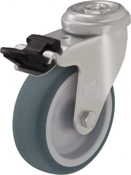 Blickle - 4" Diam x 63/64" Wide x 4-49/64" OAH Hollow Kingpin Mount Swivel Caster with Brake - Rubber Elastomer (TPE), 154 Lb Capacity, Plain Bore Bearing, Hollow Kingpin Stem - Exact Industrial Supply