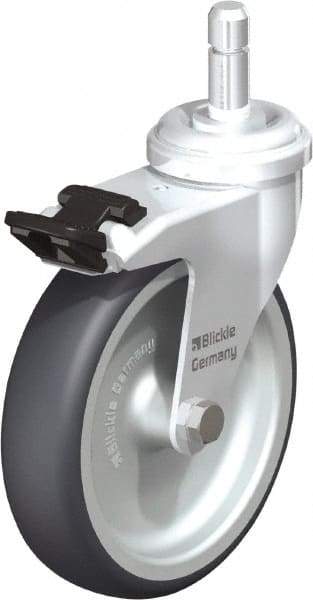 Blickle - 4" Diam x 63/64" Wide x 4-49/64" OAH Stem Mount Swivel Caster with Brake - Rubber Elastomer (TPE), 154 Lb Capacity, Plain Bore Bearing, Friction Stem - Exact Industrial Supply