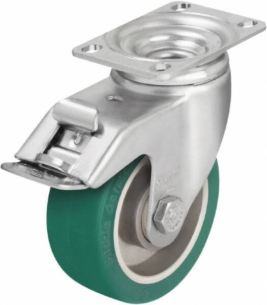 Blickle - 4" Diam x 1-9/16" Wide x 5-1/8" OAH Top Plate Mount Swivel Caster with Brake - Polyurethane-Elastomer Blickle Softhane, 400 Lb Capacity, Ball Bearing, 3-5/8 x 2-1/2" Plate - Exact Industrial Supply