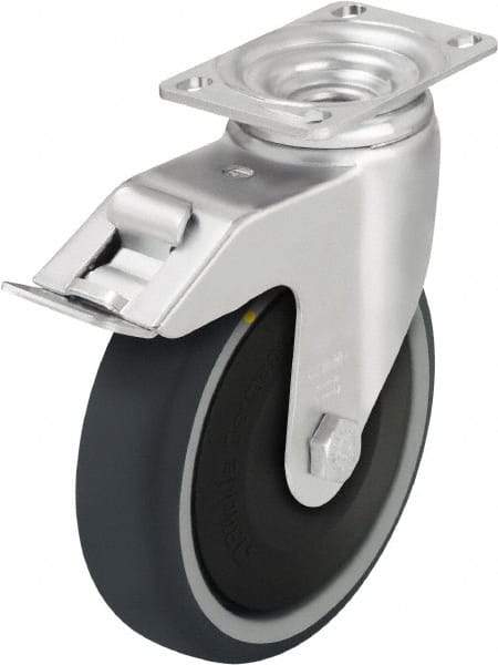 Blickle - 5" Diam x 1-1/4" Wide x 6-1/8" OAH Top Plate Mount Swivel Caster with Brake - Thermoplastic Polyurethane, 400 Lb Capacity, Ball Bearing, 3-5/8 x 2-1/2" Plate - Exact Industrial Supply