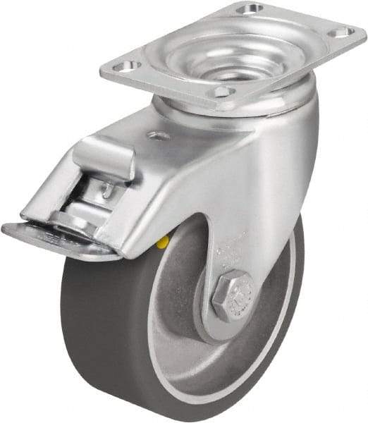 Blickle - 5" Diam x 1-9/16" Wide x 6-1/8" OAH Top Plate Mount Swivel Caster with Brake - Polyurethane-Elastomer Blickle Softhane, 400 Lb Capacity, Ball Bearing, 3-5/8 x 2-1/2" Plate - Exact Industrial Supply