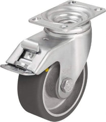 Blickle - 5" Diam x 1-9/16" Wide x 6-1/8" OAH Top Plate Mount Swivel Caster with Brake - Polyurethane-Elastomer Blickle Softhane, 400 Lb Capacity, Ball Bearing, 3-5/8 x 2-1/2" Plate - Exact Industrial Supply