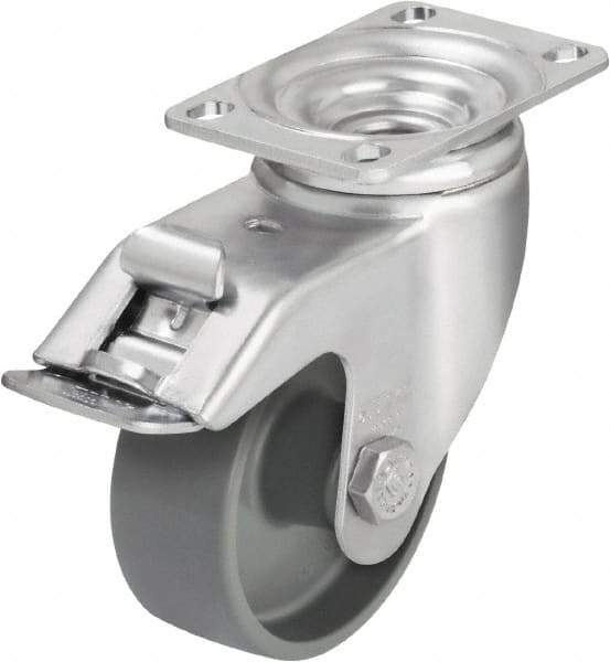 Blickle - 3-1/2" Diam x 1-1/4" Wide x 4-11/16" OAH Top Plate Mount Swivel Caster with Brake - Impact-Resistant Nylon, 400 Lb Capacity, Plain Bore Bearing, 3-5/8 x 2-1/2" Plate - Exact Industrial Supply