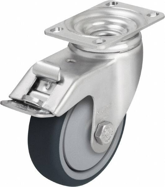 Blickle - 5" Diam x 1-1/4" Wide x 6-1/8" OAH Top Plate Mount Swivel Caster with Brake - Thermoplastic Polyurethane, 400 Lb Capacity, Ball Bearing, 3-5/8 x 2-1/2" Plate - Exact Industrial Supply