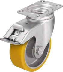 Blickle - 4" Diam x 1-9/16" Wide x 5-1/8" OAH Top Plate Mount Swivel Caster with Brake - Polyurethane-Elastomer Blickle Softhane, 400 Lb Capacity, Ball Bearing, 3-5/8 x 2-1/2" Plate - Exact Industrial Supply