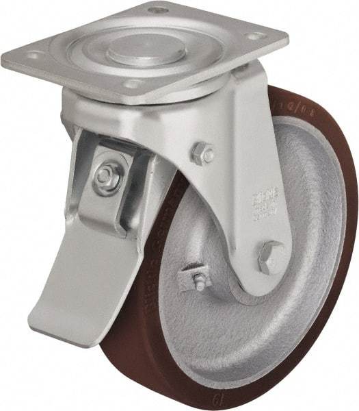 Blickle - 5" Diam x 1-31/32" Wide x 6-1/2" OAH Top Plate Mount Swivel Caster with Brake - Polyurethane-Elastomer Blickle Softhane, 1,100 Lb Capacity, Ball Bearing, 5-1/2 x 4-3/8" Plate - Exact Industrial Supply