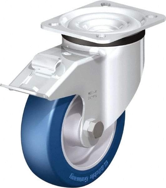 Blickle - 5" Diam x 1-37/64" Wide x 6-7/64" OAH Top Plate Mount Swivel Caster with Brake - Polyurethane-Elastomer Blickle Besthane, 770 Lb Capacity, Ball Bearing, 3-15/16 x 3-3/8" Plate - Exact Industrial Supply