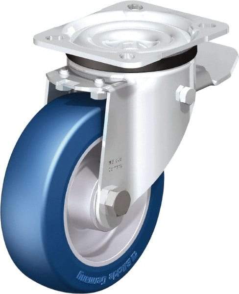 Blickle - 5" Diam x 1-37/64" Wide x 6-7/64" OAH Top Plate Mount Swivel Caster with Brake - Polyurethane-Elastomer Blickle Besthane, 770 Lb Capacity, Ball Bearing, 3-15/16 x 3-3/8" Plate - Exact Industrial Supply