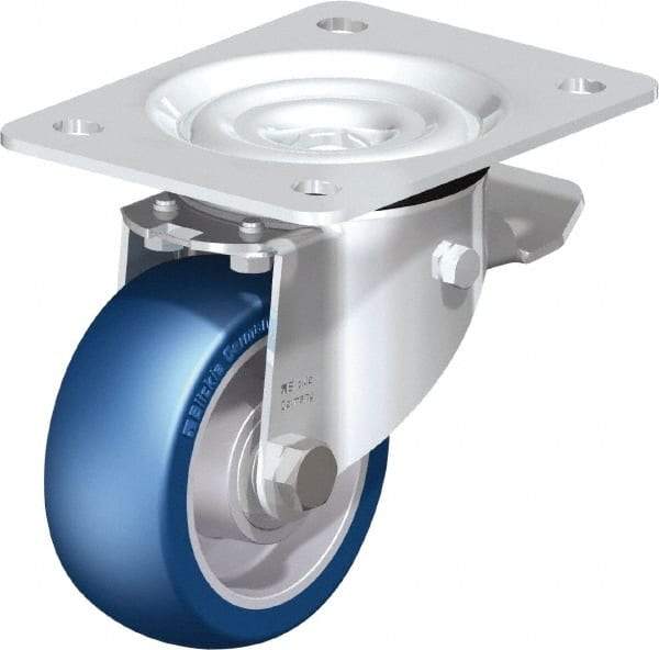 Blickle - 4" Diam x 1-37/64" Wide x 5-7/64" OAH Top Plate Mount Swivel Caster with Brake - Polyurethane-Elastomer Blickle Besthane, 660 Lb Capacity, Ball Bearing, 5-1/2 x 4-3/8" Plate - Exact Industrial Supply