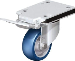 Blickle - 4" Diam x 1-37/64" Wide x 5-25/32" OAH Top Plate Mount Swivel Caster with Brake - Polyurethane-Elastomer Blickle Besthane, 660 Lb Capacity, Ball Bearing, 5-1/2 x 4-3/8" Plate - Exact Industrial Supply