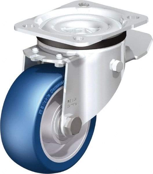 Blickle - 4" Diam x 1-37/64" Wide x 5-7/64" OAH Top Plate Mount Swivel Caster with Brake - Polyurethane-Elastomer Blickle Besthane, 660 Lb Capacity, Ball Bearing, 3-15/16 x 3-3/8" Plate - Exact Industrial Supply