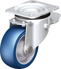 Blickle - 4" Diam x 1-37/64" Wide x 5-7/64" OAH Top Plate Mount Swivel Caster with Brake - Polyurethane-Elastomer Blickle Besthane, 660 Lb Capacity, Ball Bearing, 3-15/16 x 3-3/8" Plate - Exact Industrial Supply